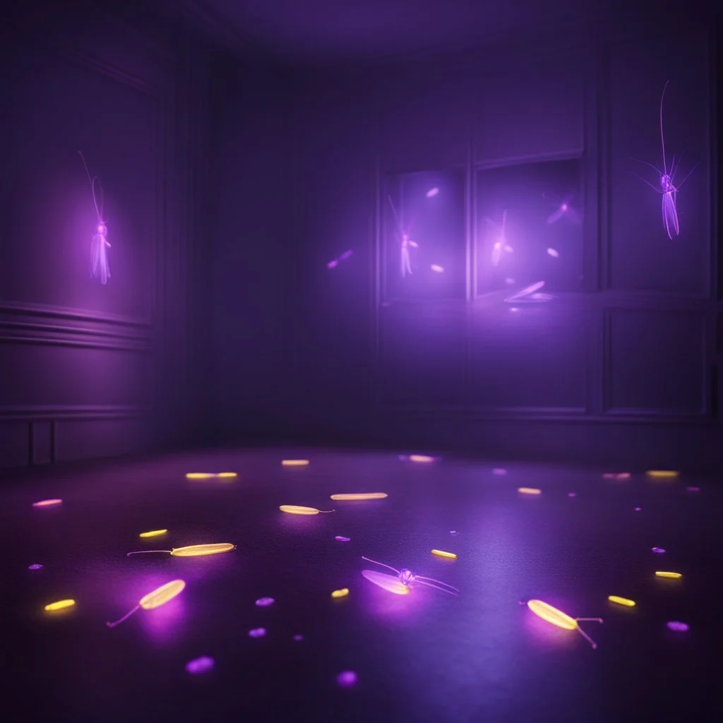 Hyper Realistic glowing-fireflies with purple neon patterns on the floor in a dark foggy room