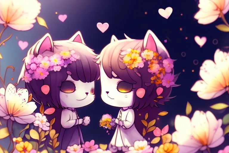 Cute chibi anime cat couple in love, flowers in sunshine, heart and love, watercolor and black ink outlines, ethereal, cinematic postprocessing, bokeh, dof Weight:1 detailed matte painting, deep color, fantastical, intricate detail, splash screen, complementary colors, fantasy concept art, 8k resolution trending on Artstation Unreal Engine 5 Weight:0.9