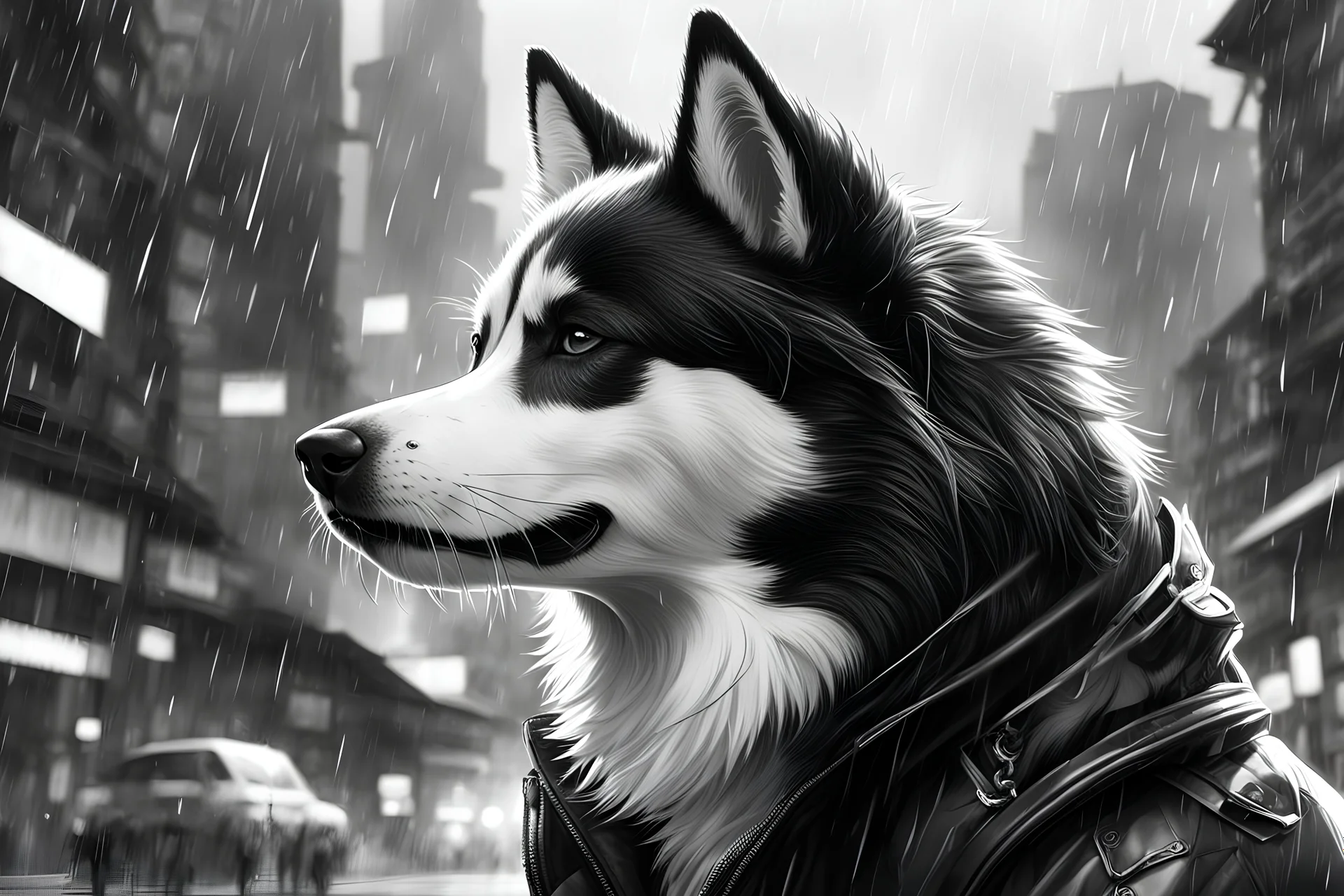 1 cute Asian guy, Wednesday Adam in 8k anime cgi drawing style, Adam family them, neon effect, close picture, rain, highly detailed, high details, detailed portrait, masterpiece, ultra detailed, ultra quality, Chinese city, 1 black and white husky dog, monochrome, side view