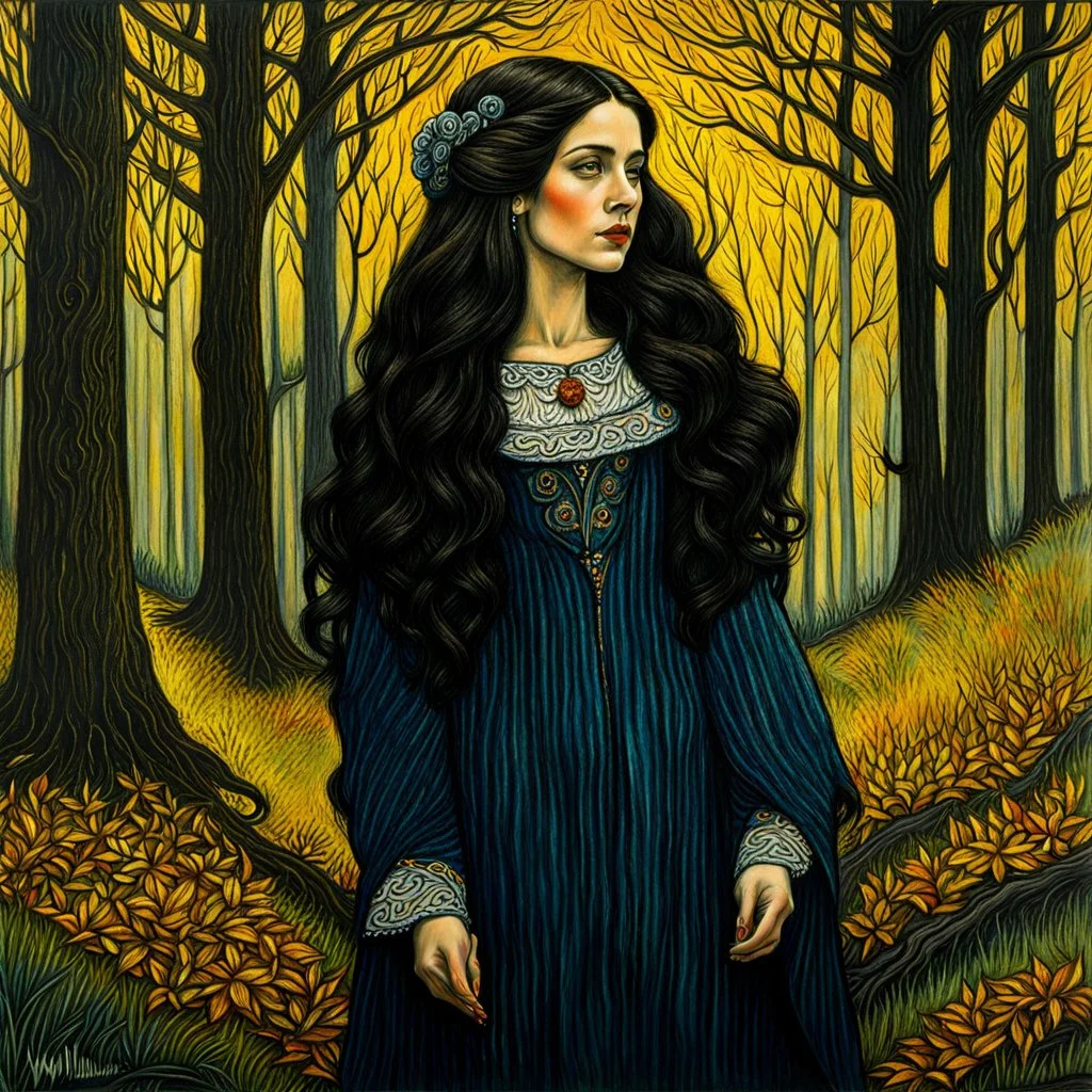 create a 3/4 profile, full body oil pastel of a dark haired, savage, ornately dressed, vampire girl with highly detailed , sharply defined hair and facial features , in a quiet autumn forest glade at dawn, in the Pre-Raphaelite style of JOHN WILLIAM WATERHOUSE