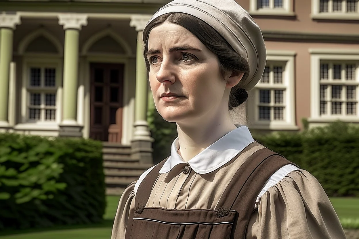 ww1 maid talking close-up standing up looking to the camera, ww1 mansion quarters background