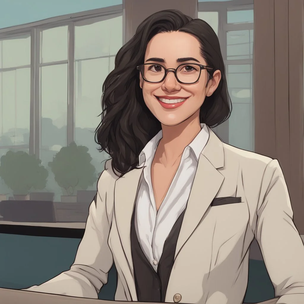 a portrait of smiling woman wearing ivory blazer with white shirt inside. long black hair, messy hair. light skin. black eye pupils. big nose. pear face shape. wearing small rectangle glasses, transparent glasses frame. thick eyebrow. pixar style. caricature. 3D. 4k. portrait. highly detailed. sharp focus. high resolution. full color. cinema lighting