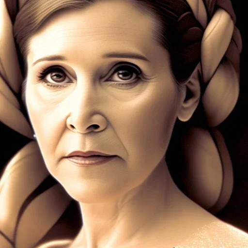 extremely detailed 8k hyperspace wallpaper,complete and photo realistic detailed head to waist stunning photo realistic portrait of carrie fisher as Princess Leia in star wars with photo realistic fine, simple, symetric hair, brown eyes, professional majestic photo realistic painting by Ed Blinkey, Atey Ghailan, by Jeremy Mann, Greg Manchess, Antonio Moro, trending on ArtStation, Intricate, High Detail, Sharp focus, dramatic, by greg rutkowski,