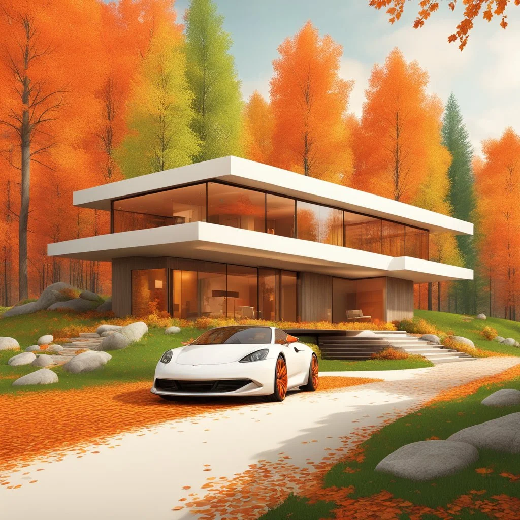 Cozy forest retreat, futuristic modern house in an autumn forest of vibrant colors. Contemporary design with clean lines and large windows, which radiate a feeling of warmth and comfort. A white car parked on the winding driveway leading to the house adds a touch of modernity to the rustic surroundings. The path is dotted with fallen leaves. Around the house, dense mix of green, orange and yellow foliage. 8k