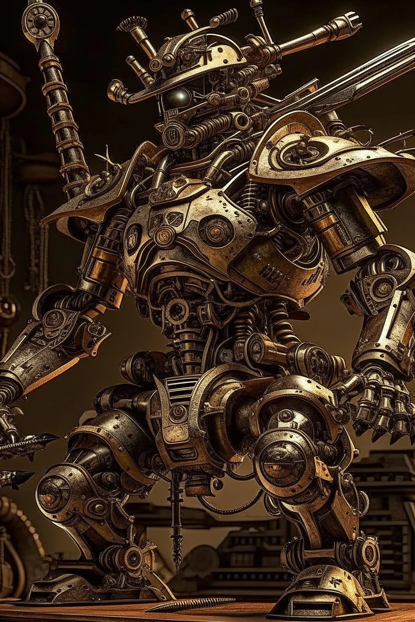 steampunk warrior robot with a big, complicated and detailed mechanical sword in a battlefield. Masterpiece, hyper detailed, details, battlefield, dramatic, dramatic lighting