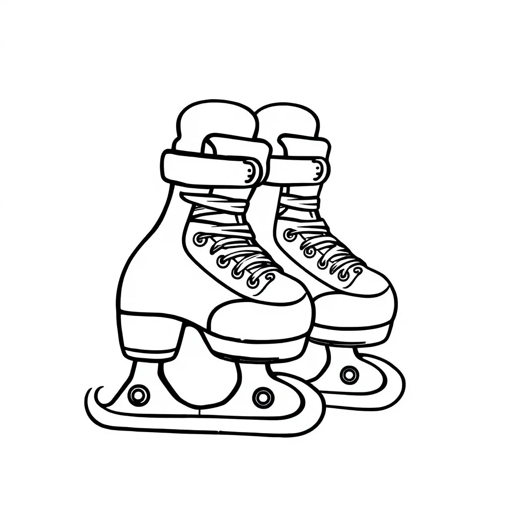 A black and white cute drawing of skates. Only outline, white background,for kids