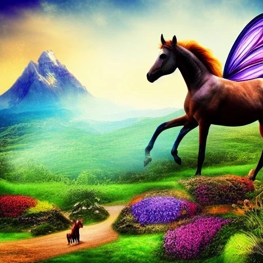 monde féérique, fantasy, cheval, musique, couleurs, montagne