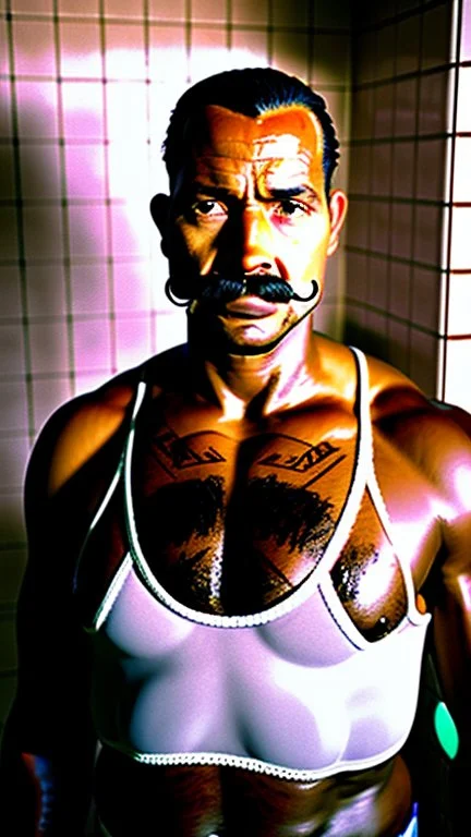 portrait photo of stocky marocan with moustache 40 years old under the shower, manly chest, big tights, in a old bathroom, misery and poverty, photorealism, 35mm lens, ultra detailed