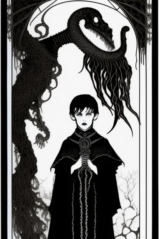 7 year old boy, necromancer, friendly, looks dead,with a lamprey serpent , wearing black robes, in the style of Harry Clarke