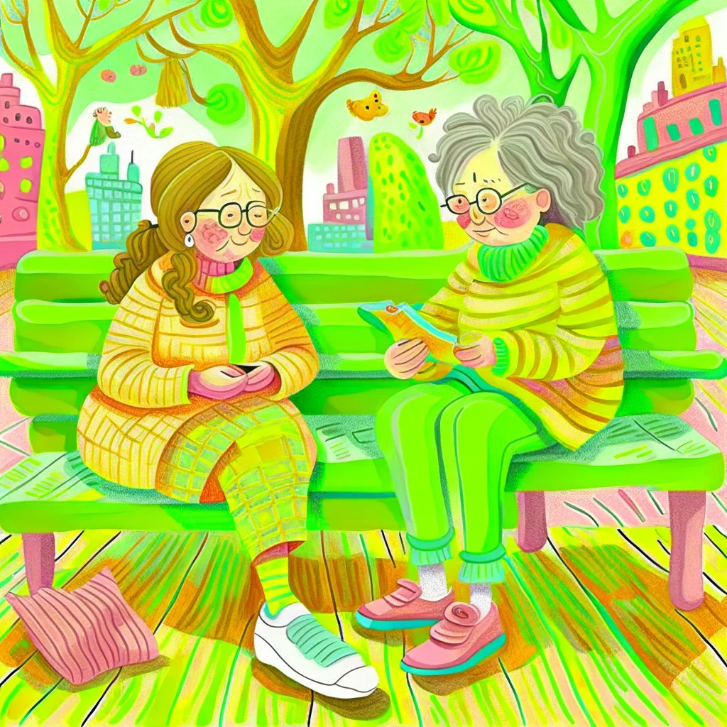 A whimsical painting of an 80-year-old grandmother knitting a yellow sweater on a bench in the boulevard, while next to her on the bench is a 5-year-old little girl knitting a small pink sweater, the grandmother with wild ginger hair and large green glasses, wearing a cozy mustard sweater and striped yellow tights. She sits on a bright yellow green bench, intently focused on her knitting needles and yarn. From around on the bench and on the floor, balls of yarn, a knitting basket and needles sur