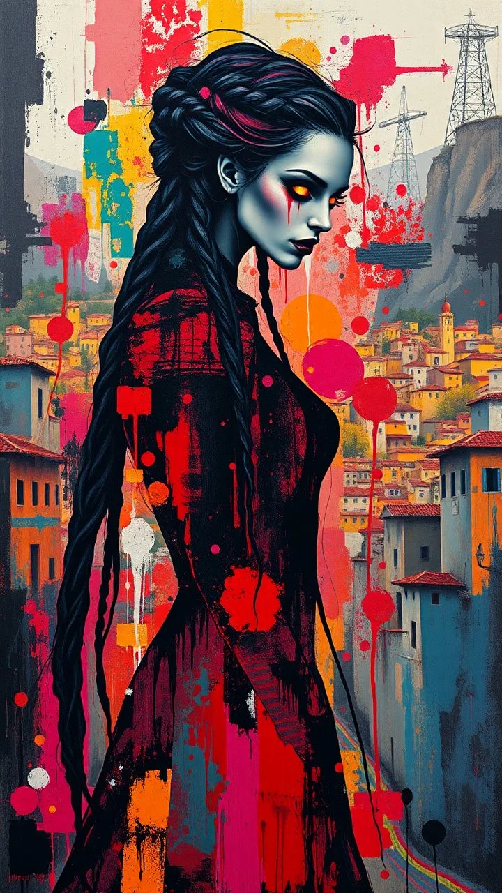 full body, wildly stylized abstract realist painting of a bold, audacious female vampire with highly detailed long dark braided hair and facial features and luminous glowing eyes in the style of Jeremy Mann, her silhouette residing amidst bold, attention-grabbing abstract design that's defined by a wash of vibrant, highly saturated natural hues, juxtaposed against stark, surrealist medieval Spanish landscape of bustling colored cityscapes