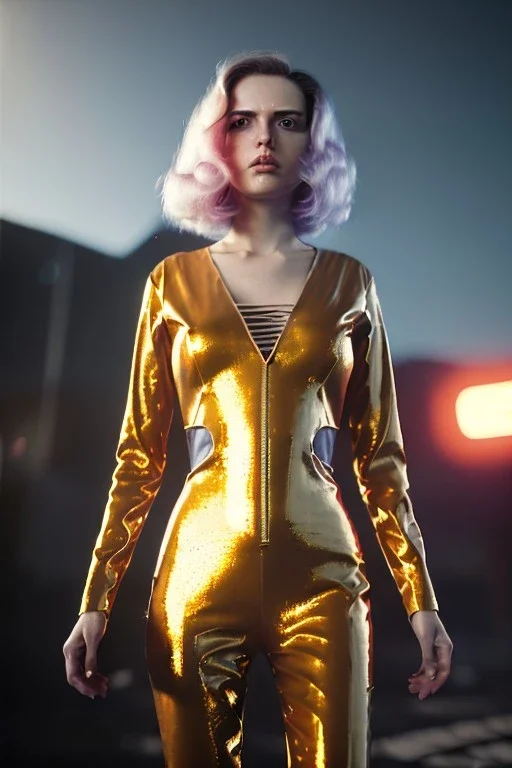 retro sci-fi portrait image from 1980, Los Angeles street explosions, fire, scared people, sweet young blonde woman walking, tight latex suit, soft color, highly detailed, unreal engine 5, ray tracing, RTX, lumen lighting, ultra detail, volumetric lighting, 3d, finely drawn, high definition, high resolution.