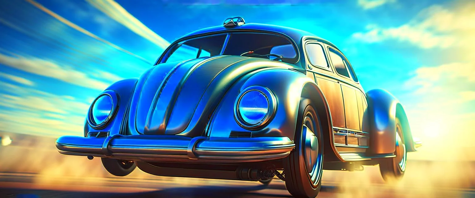 a high definition screen shot of a jet-fighter vw-beetle, retrofuturistic, phototrealism, in flight, one subject,