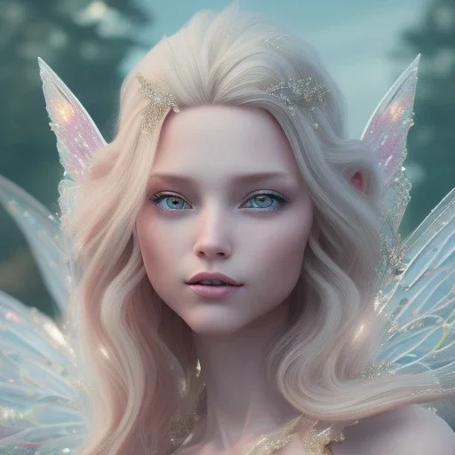 in front of a castle, a cheerful fairy, big smile, pink, blonde hair, beautiful, whole face, whole top hair head, wide open blue eyes, transparent wings onn the back, hyperrealism, masterpiece, expert, cinematic lighting, sharp focus, 8K, pastel, macro lens, woman, detailed, flower