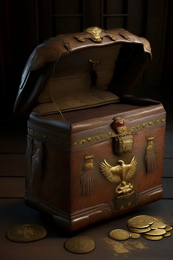 in the BASEMENT there is an old, broken brown oblong leather chest with short handles, with a hole on the side, gold coins from the time of Catherine the Great fall out of it. The ancient coat of arms of tsarist Russia, the double-headed eagle, is BARELY VISIBLE on the bag. All in high quality 8K