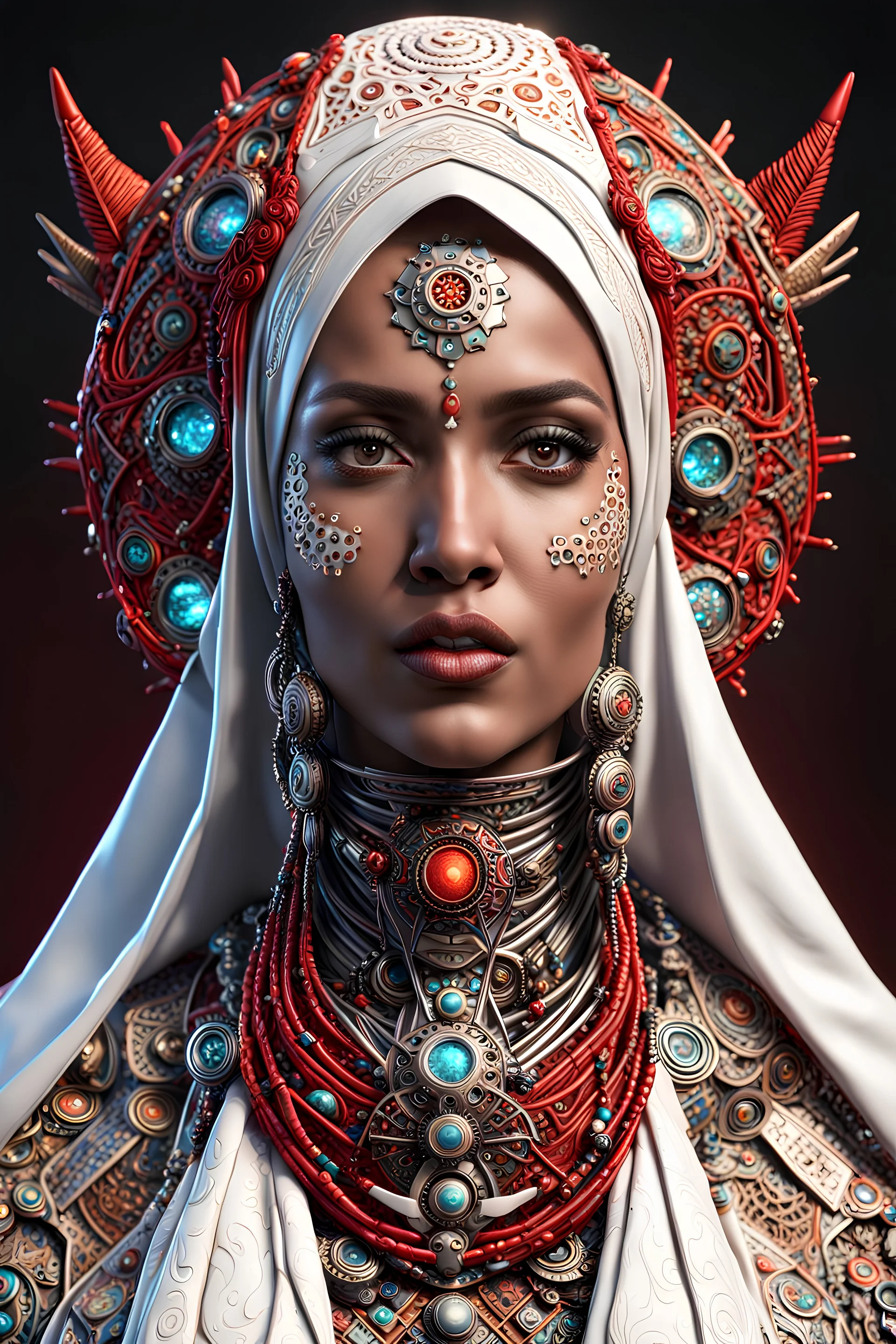 3D rendering of Expressively detailed and intricate of a hyperrealistic “cyborg hijaber”: front view,colorful paint, tribalism, shamanism, cosmic fractals, dystopian, octane render, volumetric lighting, 8k post-production, red and white, detailled metalic bones, dendritic, artstation: award-winning: professional portrait: atmospheric: commanding: fantastical: clarity: 16k: ultra quality: striking: brilliance: stunning colors: amazing