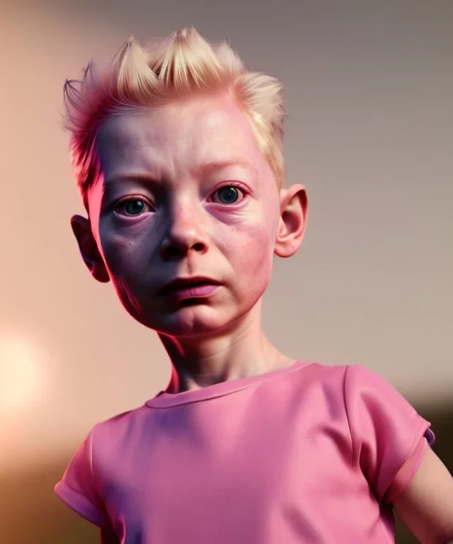 Tilda swinton toddler, full body, shoe, dress, soft skin, dramatic lighting, hyper realistic