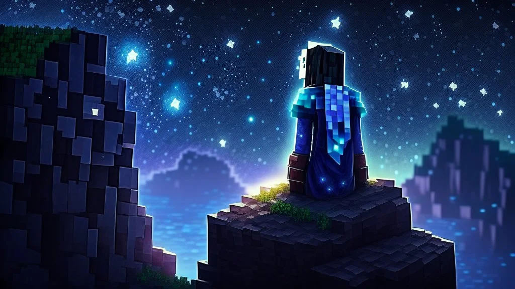 Minecraft Character, minecraft theme, purple starry sky, meditating, facing back, wearing gown, minecraft style, in between two cliffs,