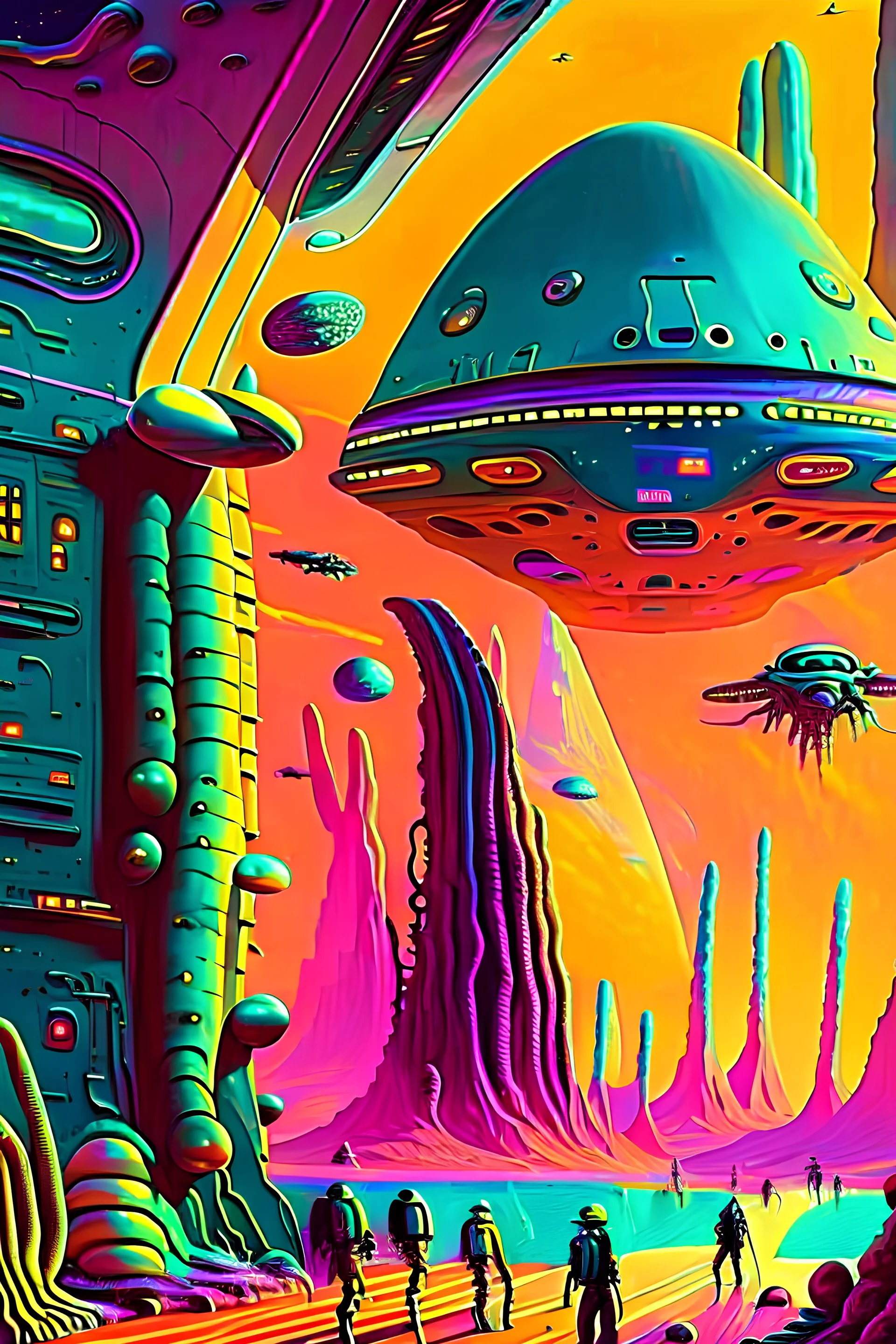 a close view of A visit to an alien world, explorers disembarking for the first time being greeted by aliens, kelly freas, in the style of retro futurism, Simon Stålenhag and Bob Eggleton, insanely detailed, terrifying: abstract art complementary colors fine details,