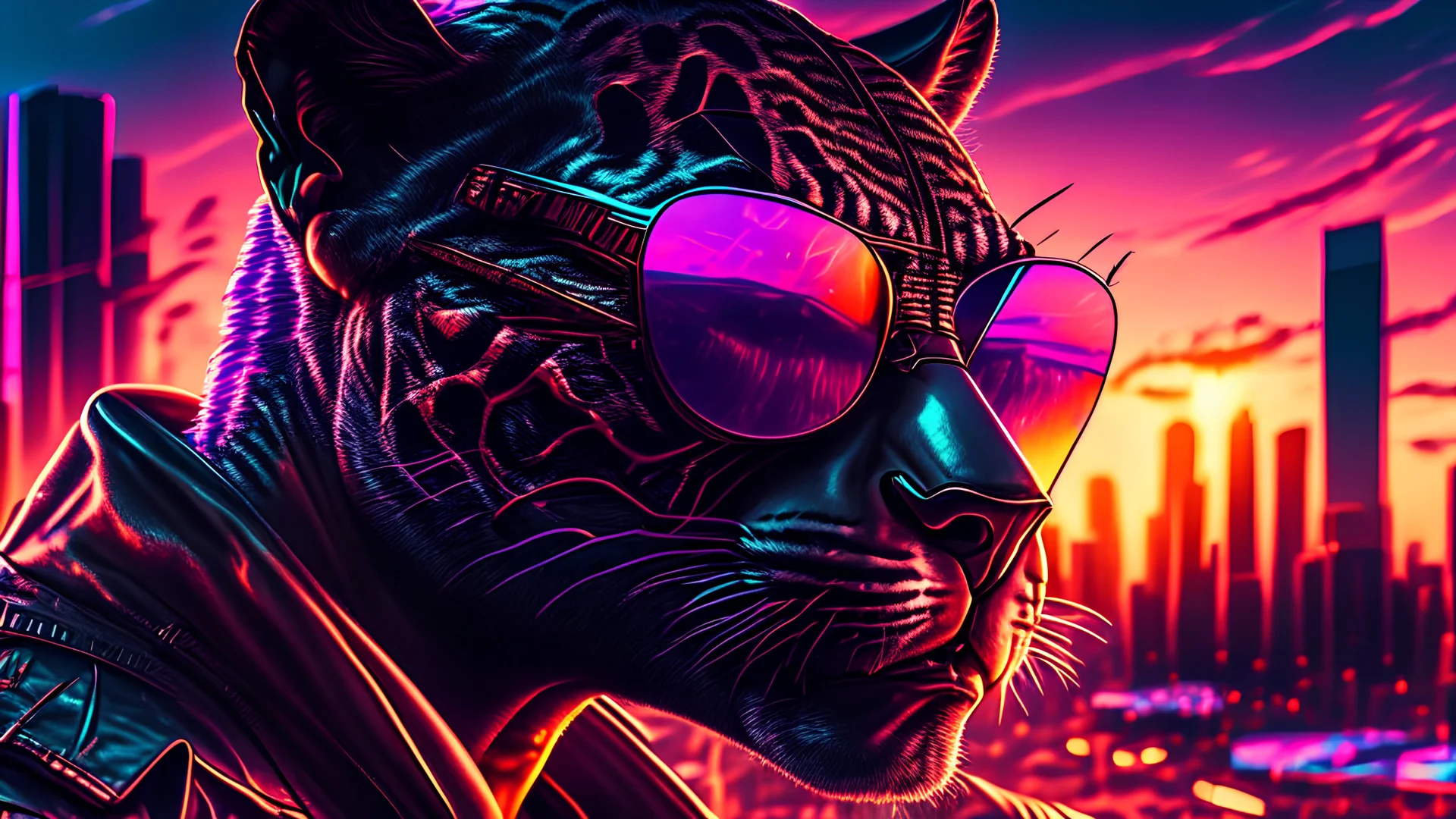 face portrait of a suave bounty hunter panther with black sunglasses relaxing outside a club. sunset. intricate details. Big city background. photo real. reflections. 8k. subtle rgb streaks