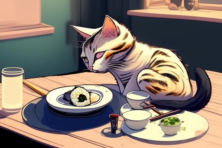 A cat is sitting on a table eating sushi. Manga style. Perfect iris. Paws