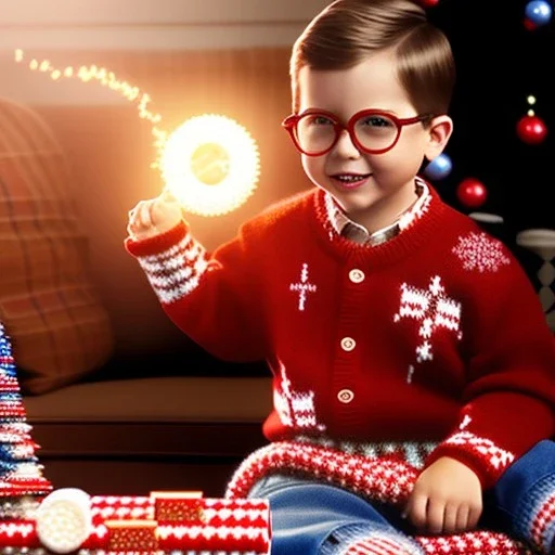 living room scene, ralphie peter billingsley glasses, boy in argyle sweater holding a (red soap)