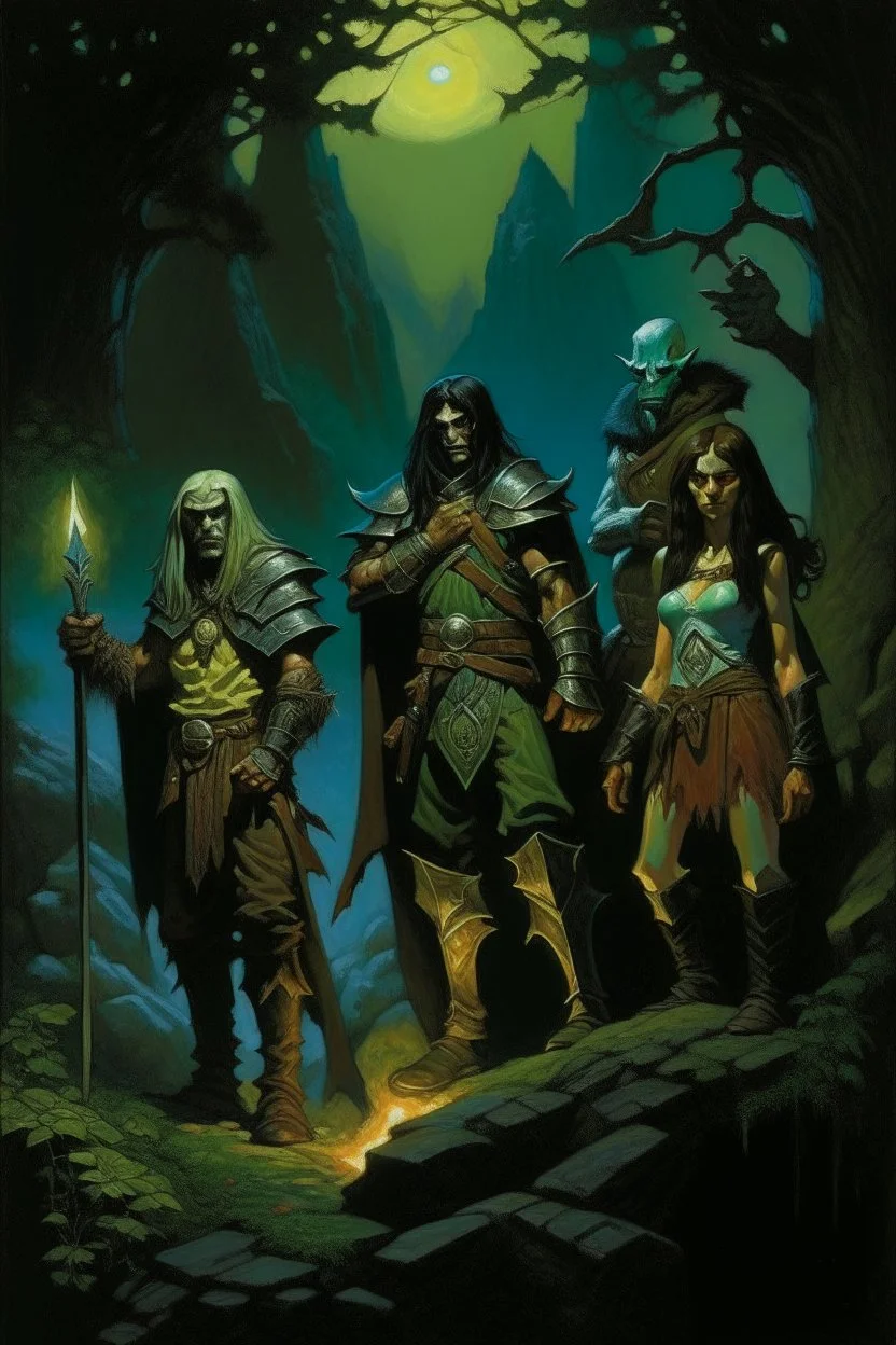 1970's dark fantasy cover dnd style oil painting of group of heros, an elf, a halfling, an ogre, a human and an herbalist in the docs at night with minimalist far perspective. Magazine.