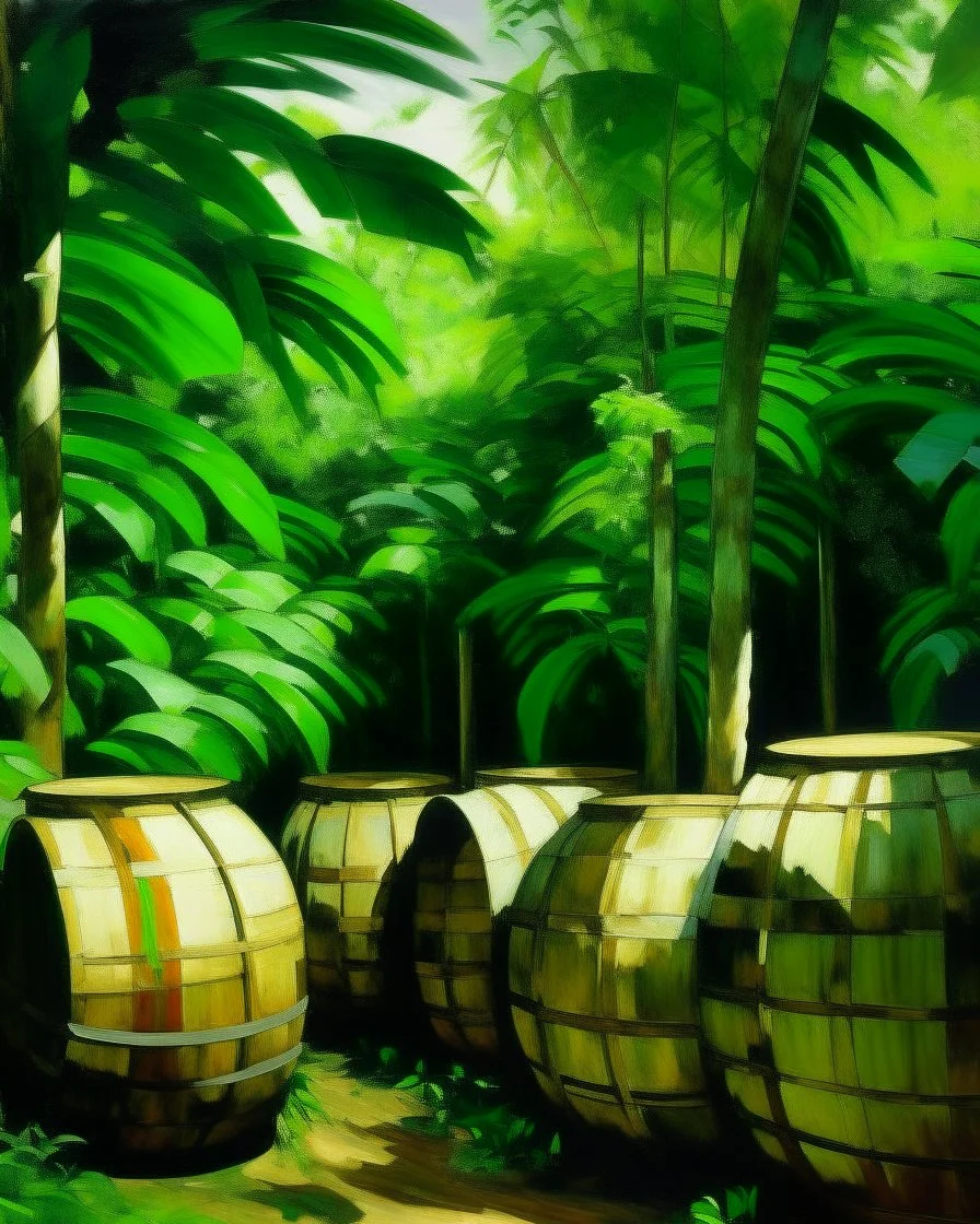 A green jungle with wooden barrels painted by John Singer Sargent