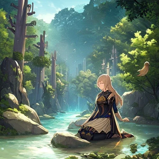 anime girl praying, kneeling, rock trees, birds, creek