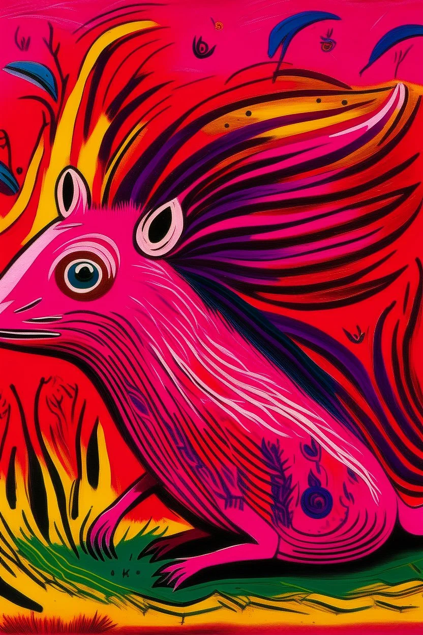 A magenta poison elemental skunk designed in Kuna molas painted by Max Ernst
