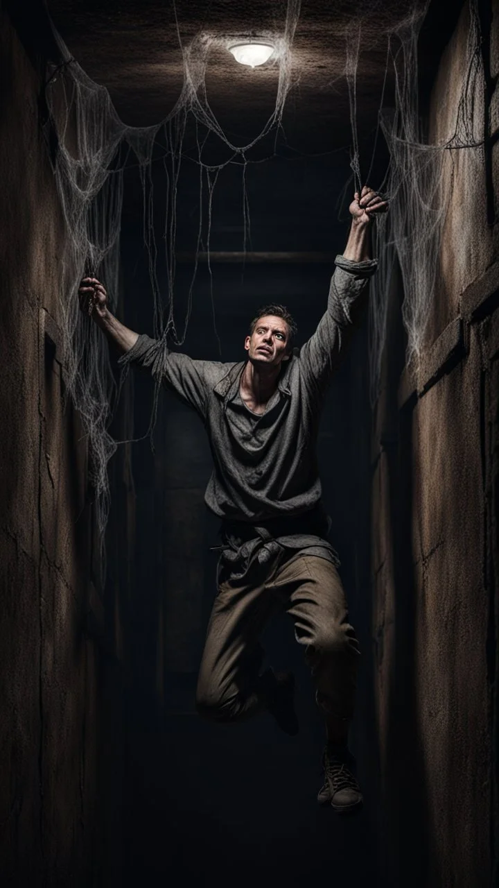 Hyper Realistic hostage man hanging on roof between dark hallway of a dungeon with cobwebs & dark rustic walls at night