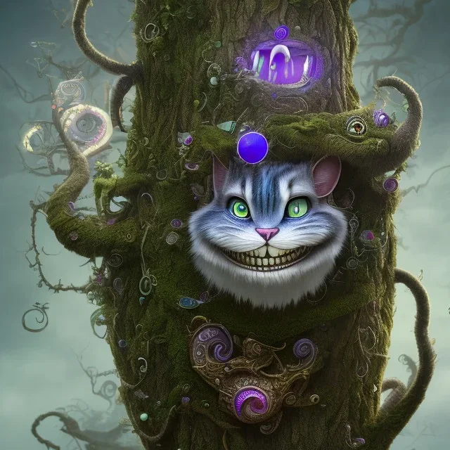 cheshire cat in a tree, leaning on a branch, wide grin, glowing eyes, blue and grey, alice in wonderland, signpost pointing in different directions, film still