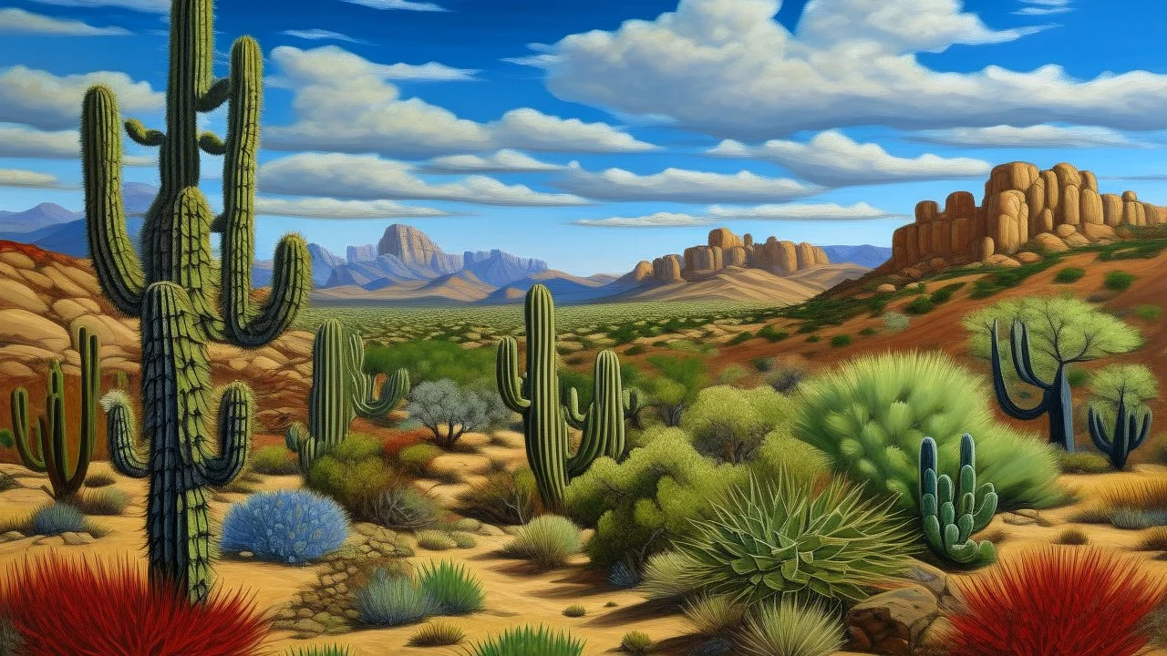 Oil painting of a desert landscape with saguaro cacti, low shrubs, and mountains in the background, under a blue sky with a few clouds. The foreground is dominated by various desert plants, including saguaro cacti of different sizes and shapes, some tall and slender, others with multiple arms. The ground is covered with low-lying shrubs and grasses, creating a textured and varied terrain. The color palette is dominated by greens, browns, and blues, with subtle variations in tone and hue. The mou