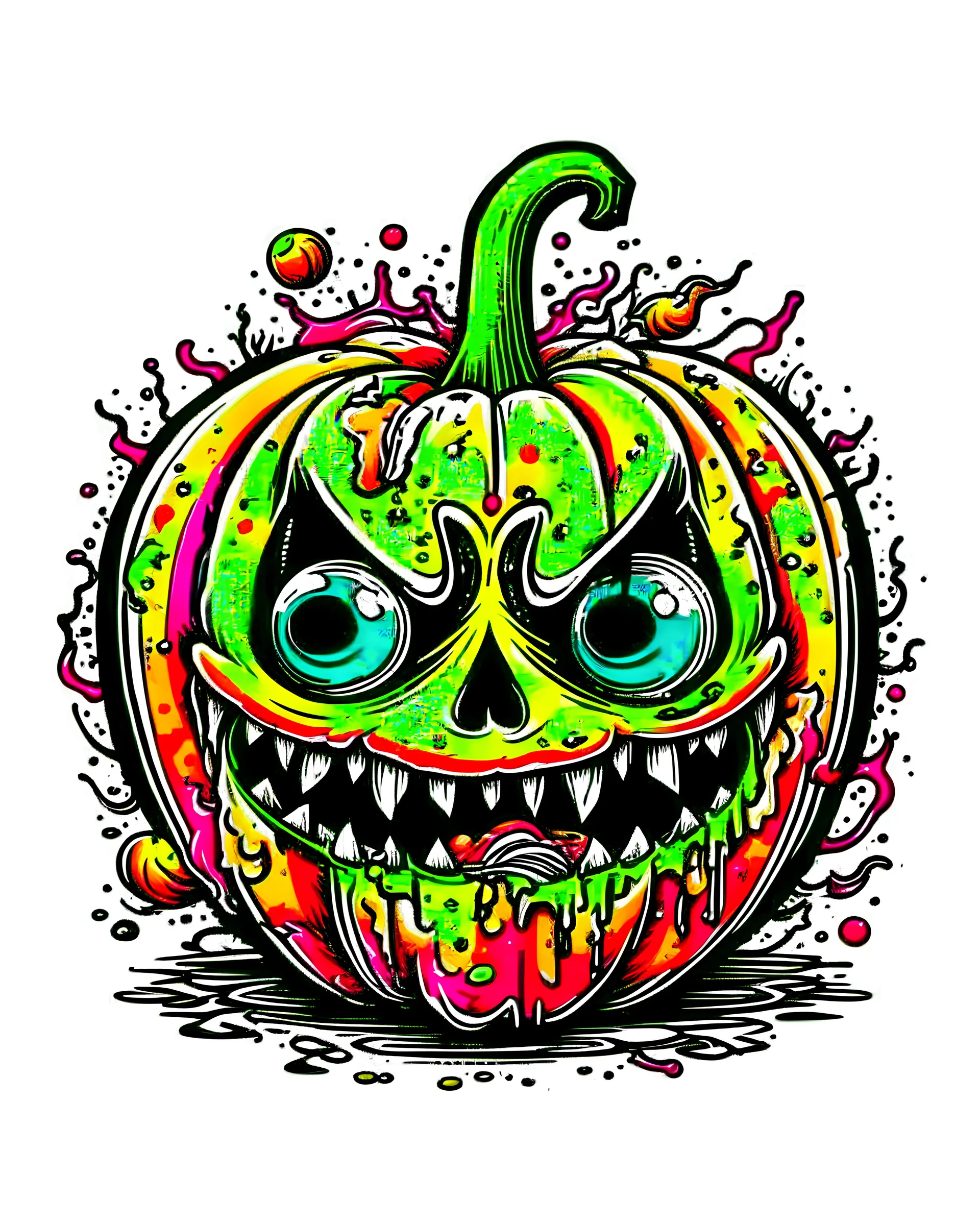 vector t-shirt art ready to print colorful graffiti illustration of a Halloween pumpkin, cute, action shot, vibrant color, punk, high detail, white background