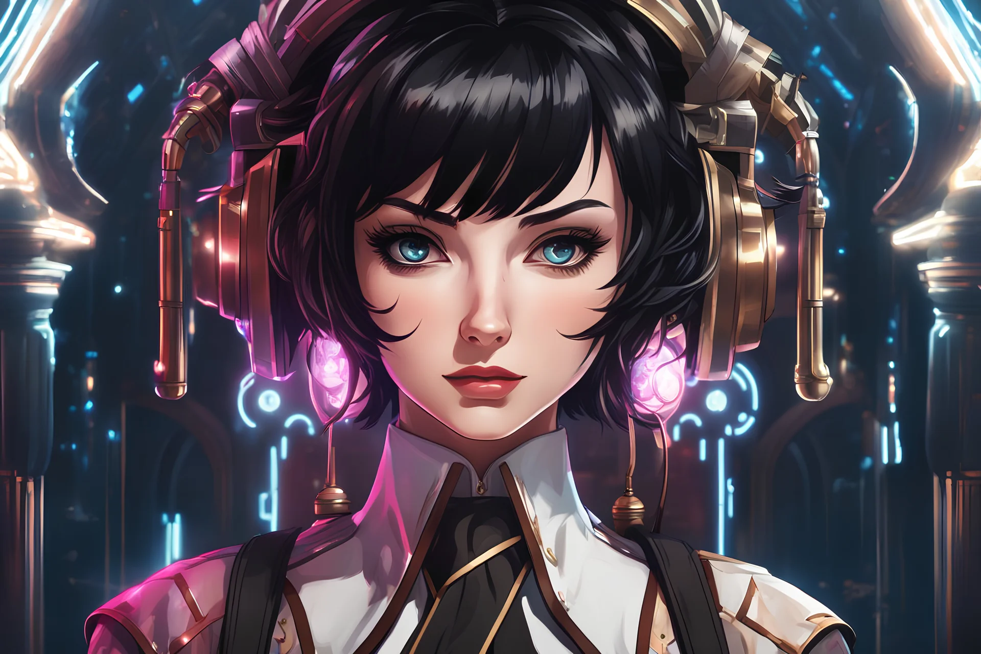 elizabeth with short black hair in 8k 2D anime realistic drawing style, bioshock them, neon effect, close picture, rain, highly detailed, high details, detailed portrait, masterpiece,ultra detailed, ultra quality