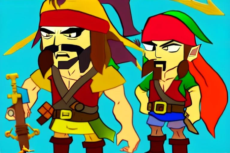 Cartoony and muscular Captain Jack Sparrow, Legend Of Zelda: Wind Waker style, stylized, colorful, adventurous.