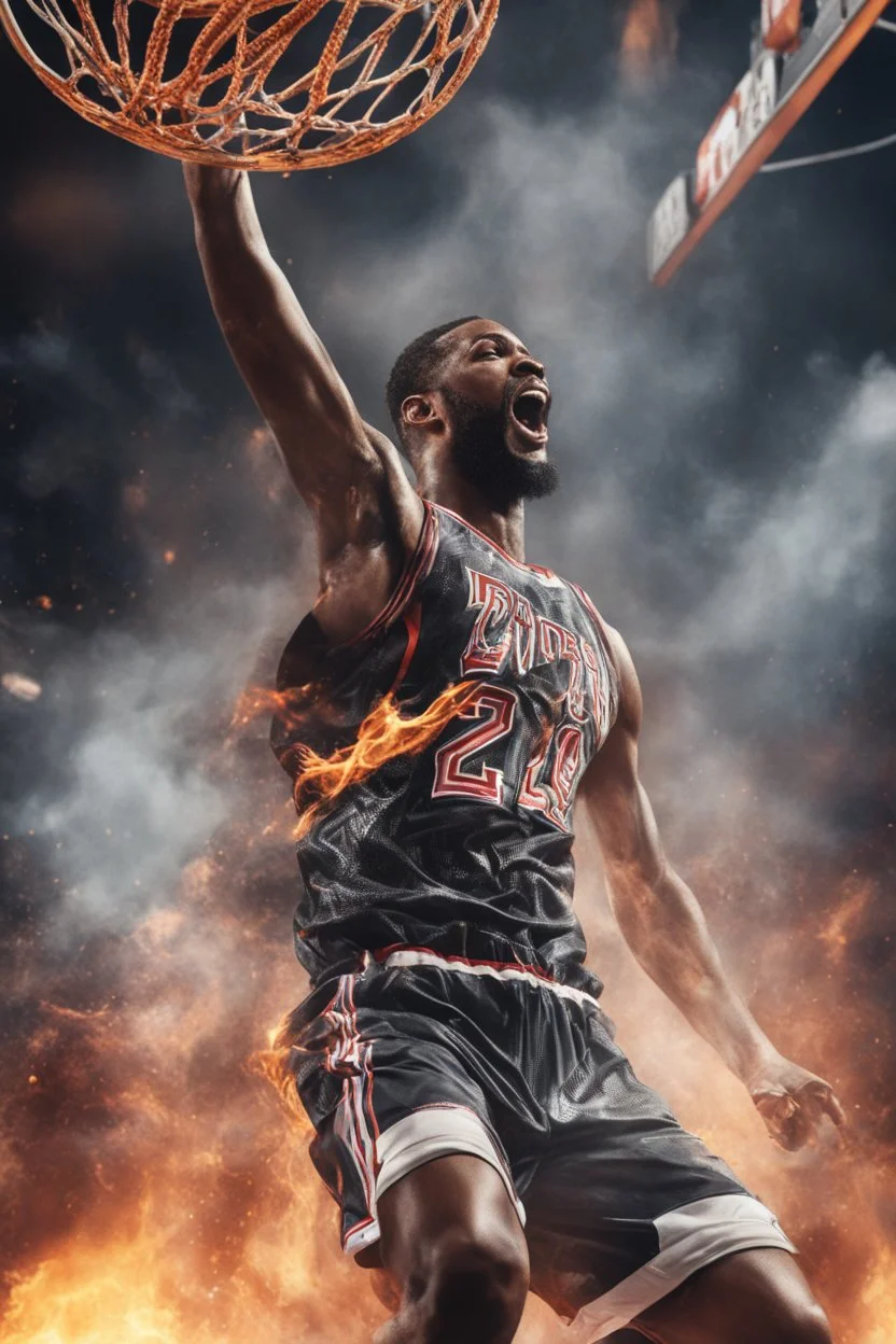 8k, highly realistic and detailed image of a NBA basketball player in action dunking the ball in the net, sweaty hair, screaming look,action and smoke and flames background