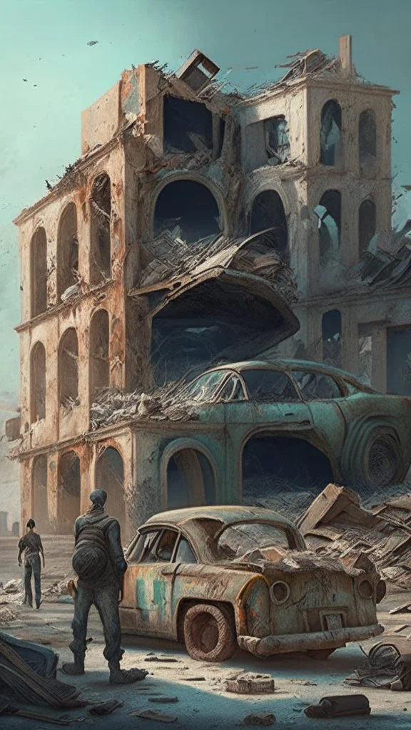 ruined buildings with people and cars and trucks