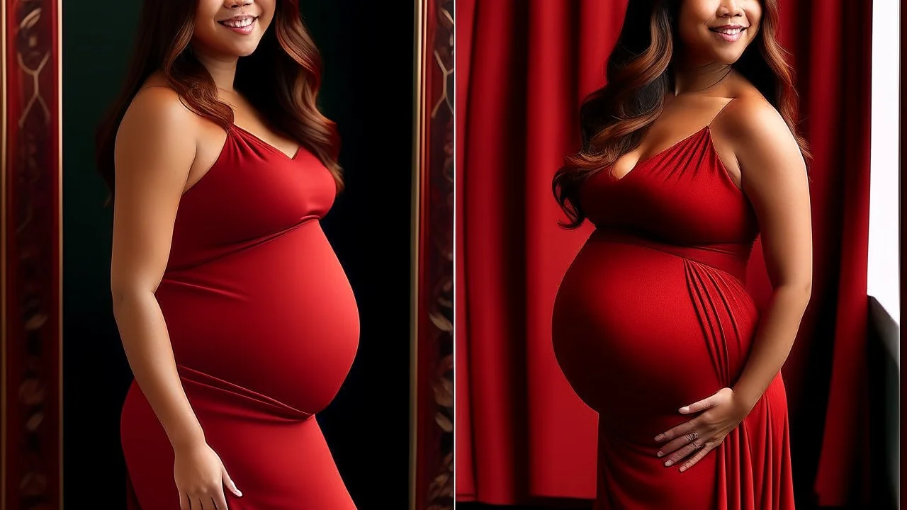 Gina Rodriguez Curvaceous and radiant physique Fiery red locks frame her face Elegant flowing maternity gown Maternal glow and resilience Bust size: 38 inches Subtle yet confident expression German teenager in transformation Heavily pregnant silhouette Tenderness in her curves Unexpected beauty in resilience Comfortable and harmonious attire Bathwater backdrop signifies change Youthful grace with maternal strength Roundness of the burgeoning belly Maternity elegance in transformation Cascading r