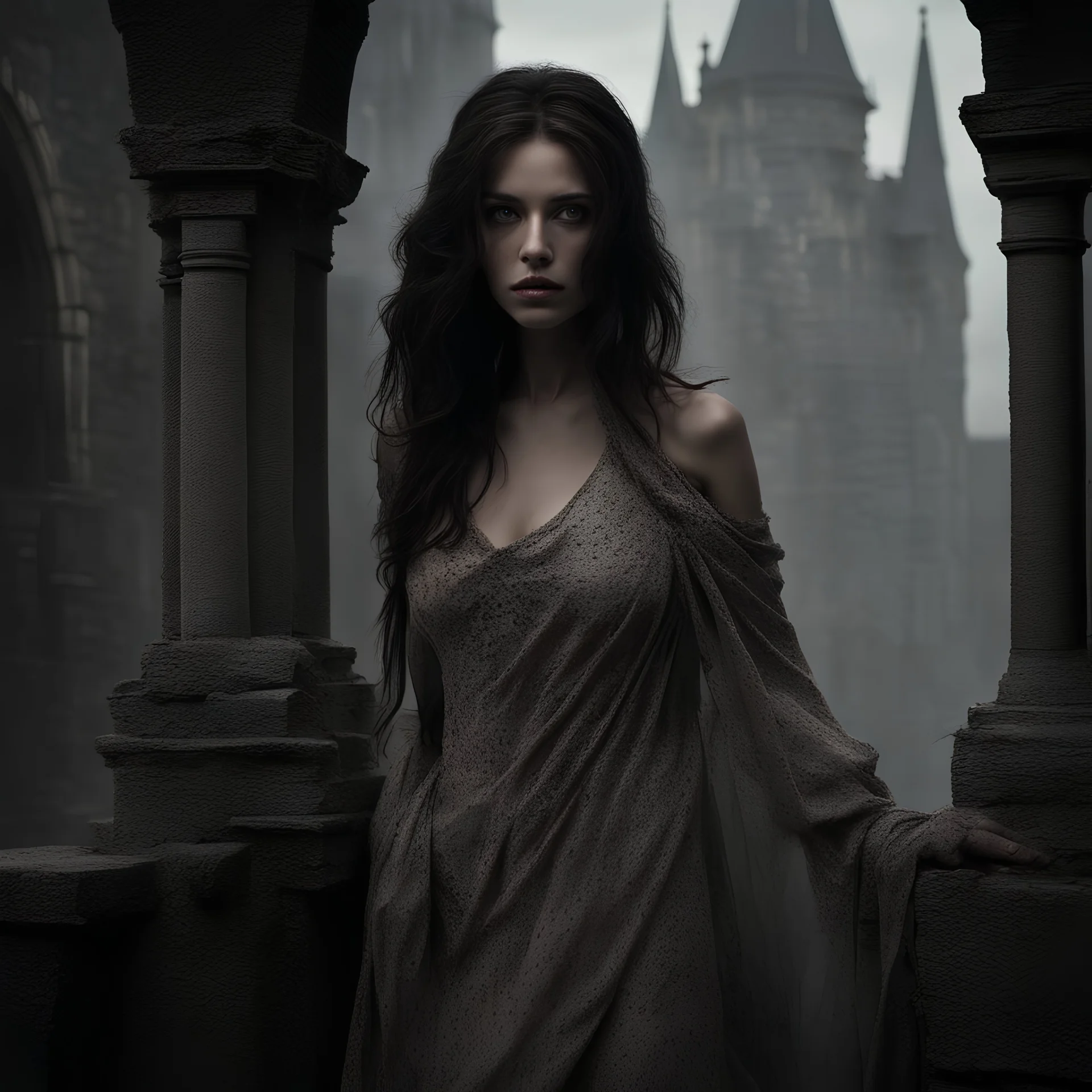 In this mesmerizing macabre portrait scene, behold the haunting allure of a stunningly beautiful brunette, her tattered dress contrasting between shades of brown and white. She is bound to a stake, situated just outside an ancient castle shrouded in a damp and dismal veil of gray stone. The background is a maximalist masterpiece, composed with breathtaking intricacy and complexity, showcasing a fluid gouache artwork. With artistic finesse, volumetric and dynamic lighting create a captivating int