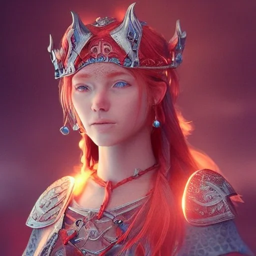 highly detailed girl viking queen, red glass armor, blue delicate braided hair, cinematic lighting, 4k, 8k, octane render, digital concept art, trending on artstation, pinterest, extremely detailed, ambient lighting.