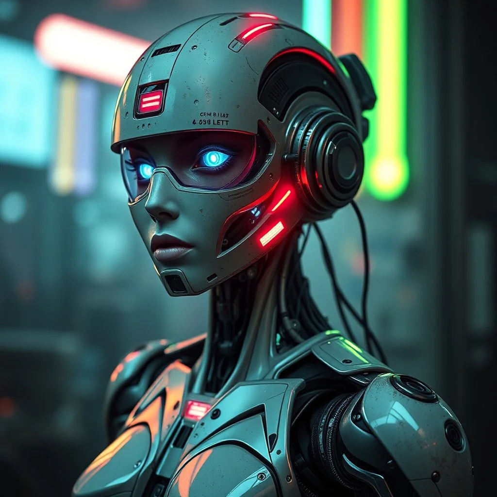 a robot from a dystopian future, cyberpunk aesthetic, worn with age, neon, feminine
