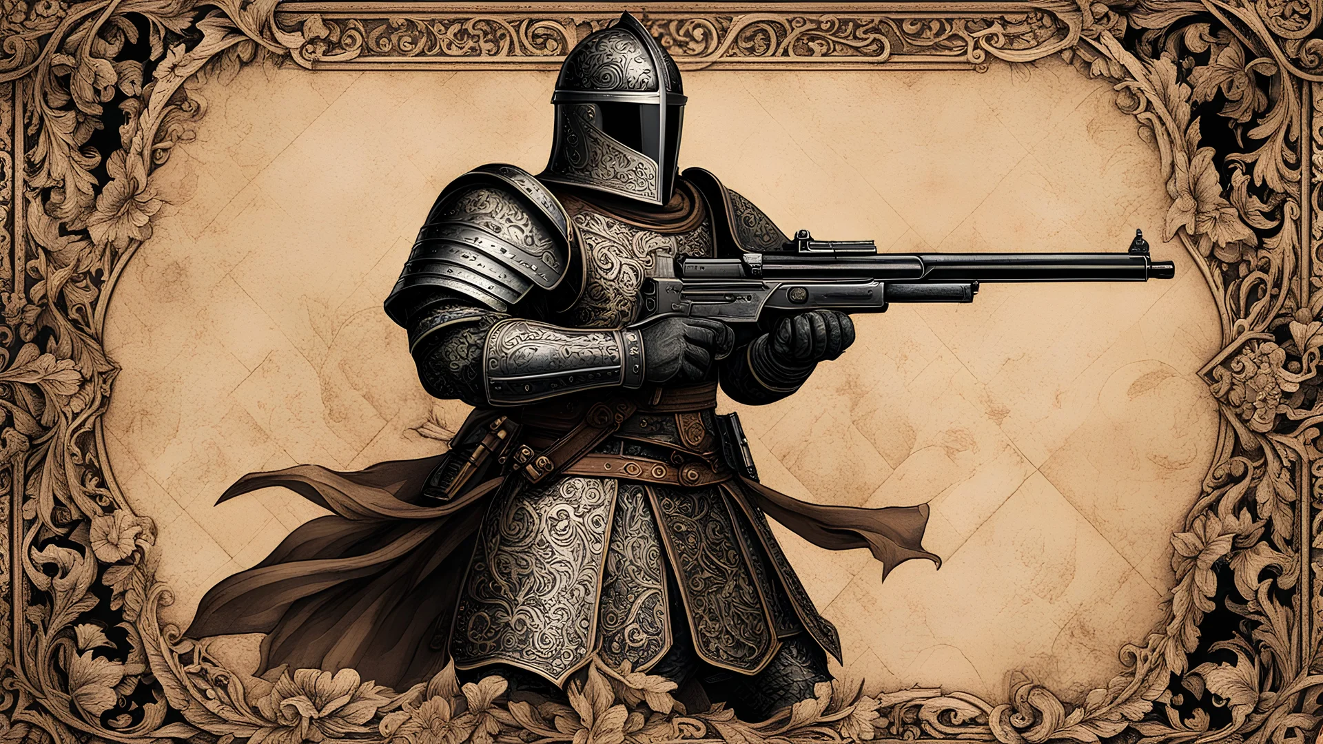 intricate floral parchment background, close up shots of one single ironclad armored medieval knight holding gun glock shooting POV, handgun wielding, firearm, vintageillustration, with the latin texbox saying "unparriable"