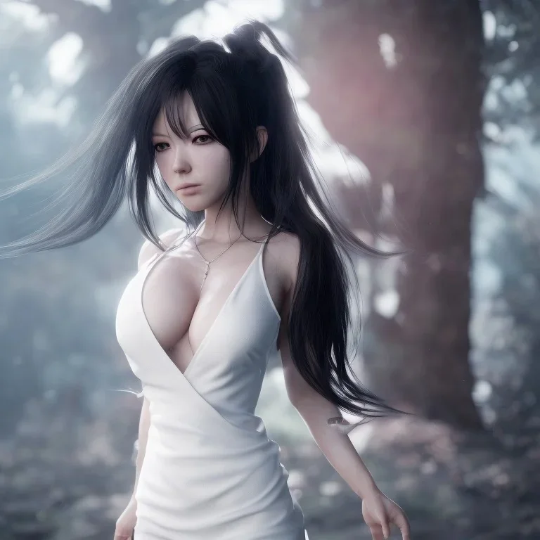 hitomi tanaka, full body, dress white, long black hair, vilage, realistic, intriacte detail, sci-fi fantasy style, volumetric lighting, particales,highly detailed,cinamatic, deep colours,8k