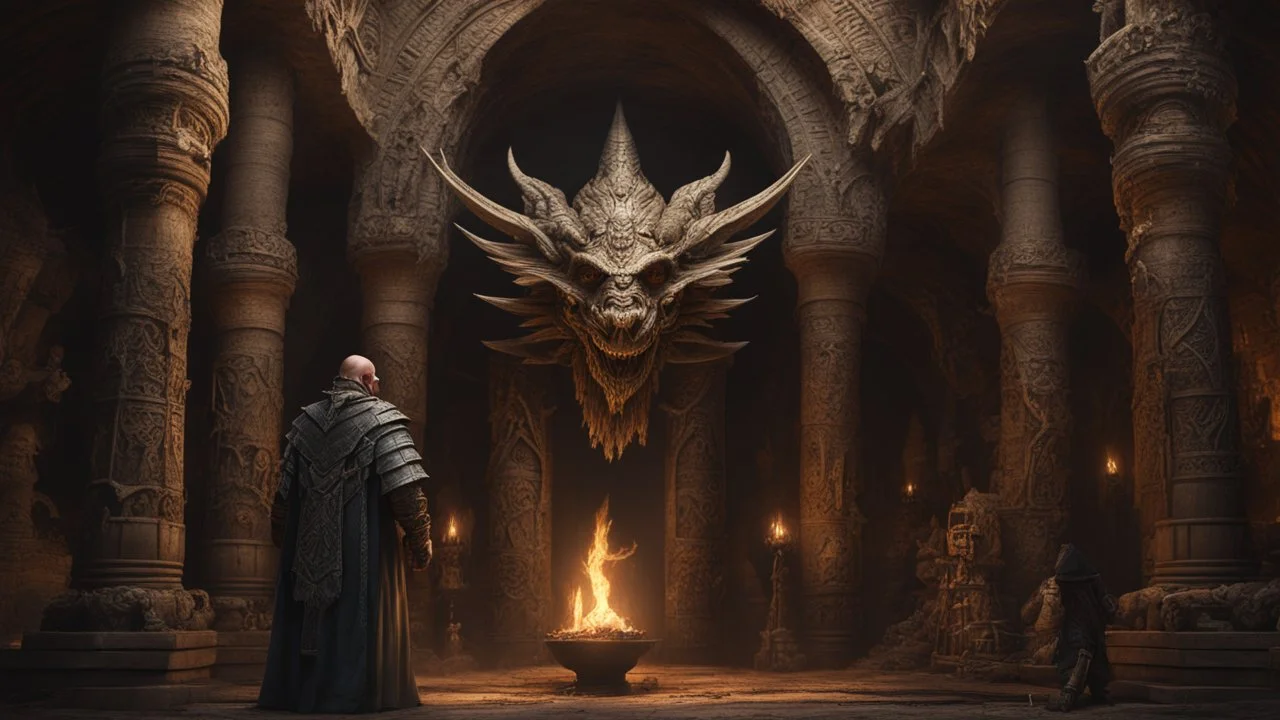 The dwarf priest known as The Lord of Bones walking through his underground temple, that is made of dragon bones. intricately sculpted, exquisite realism, fantasy art. Epic cinematic brilliant stunning intricate meticulously detailed dramatic atmospheric maximalist digital matte painting