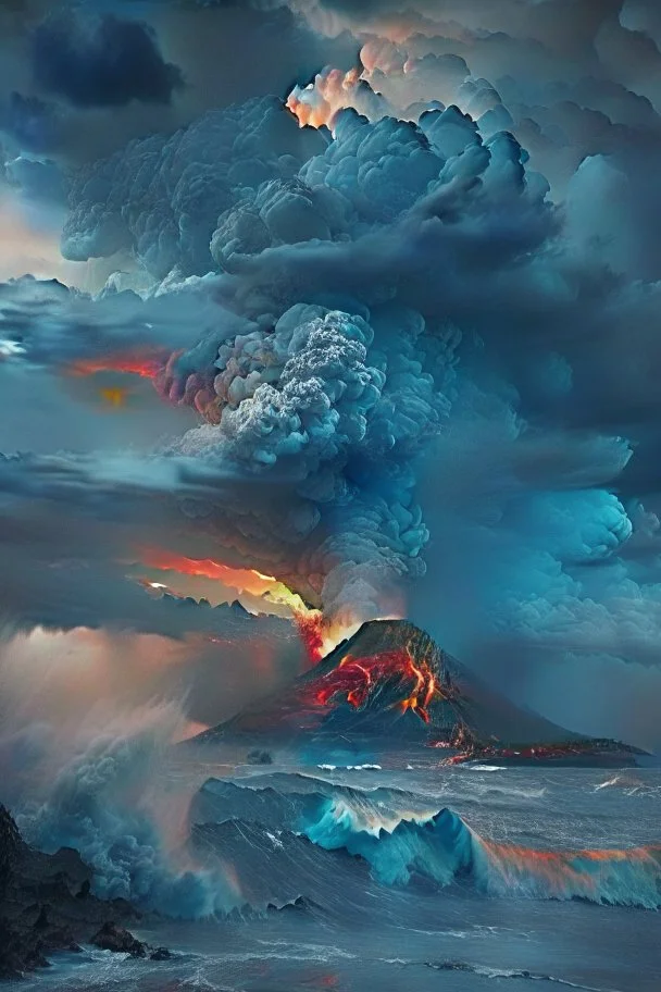 Stormy sea and menacing sky with a volcano erupting