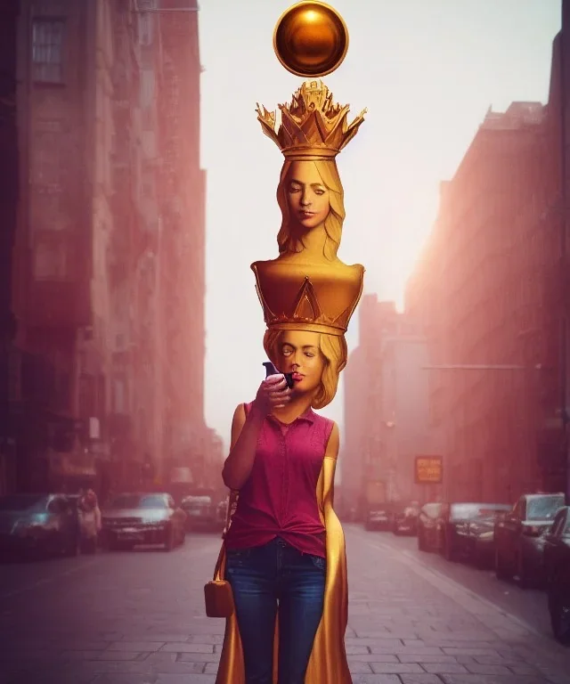 Statue of Queen of photography. Cute blonde woman. Photographer in golden crown. Standing on the street. Big camera in her hand. hyperdetailed, photorealistic, trending on artstation, greg rutkowski, beksinski, kodachrome, lomography, golden hour, bokeh, volumetric light