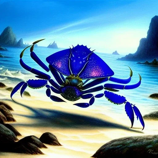 ultra detailed fullbody Drawing of Sea monster Giant Blue Crab on the shore ,with sharp teeth, extremely detailed digital painting, intrincate, extremely detailed face,crystal clear Big eyes, in the style of Frank Frazetta, mystical colors , perfectly centered image, perfect composition, rim light, beautiful lighting, 8k, stunning scene, raytracing