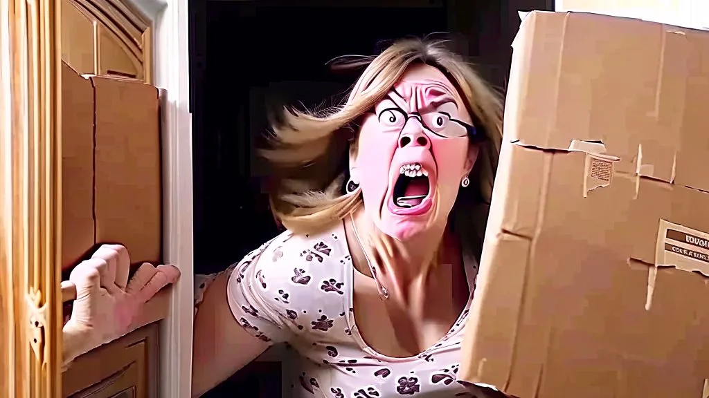 woman starts frantically tearing apart large door sized box scaring her husband