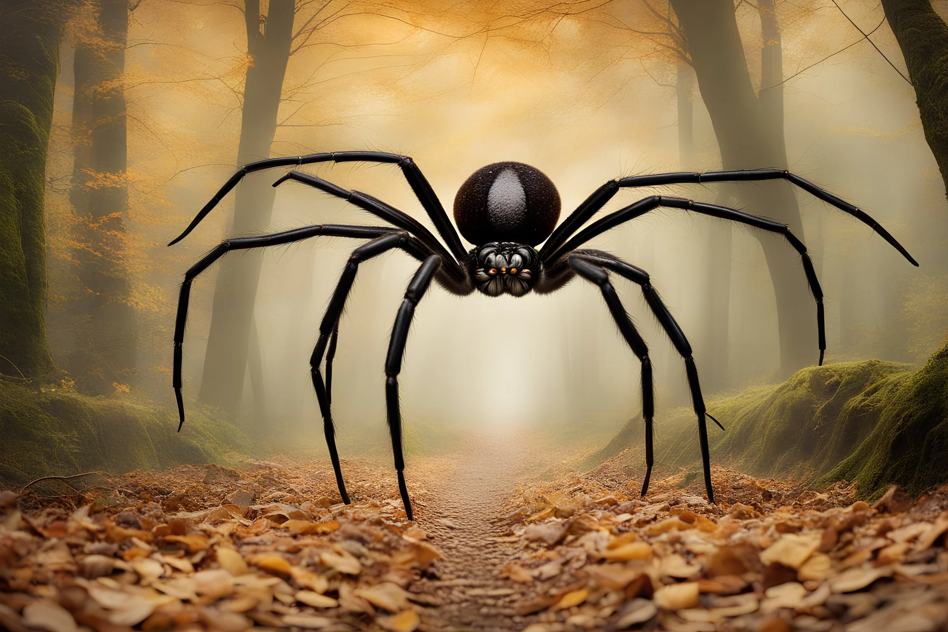Captivating viewers with a touch of arachnid mystery, capture a realistic professional and marketing photoshoot featuring a majestic spider on a winding woodland path.